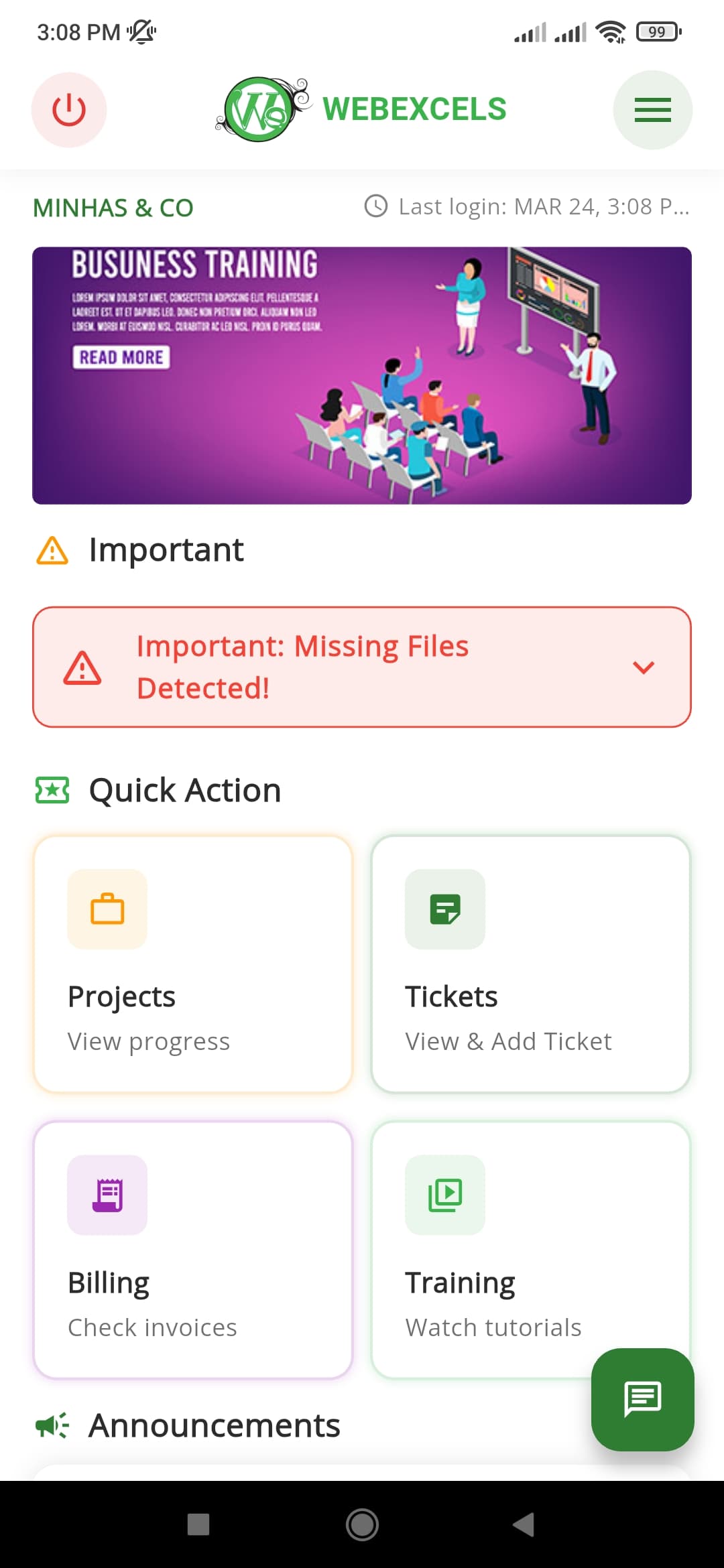 WebExcels Support App Screen